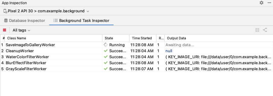 Nœuds de calcul actifs dans Background Task Inspector