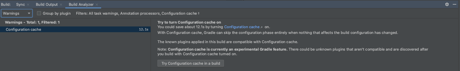 Informations sur le cache de configuration dans Build Analyzer