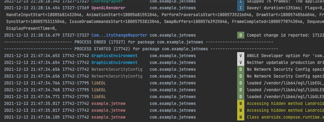 Capture d&#39;écran des redémarrages de processus dans logcat