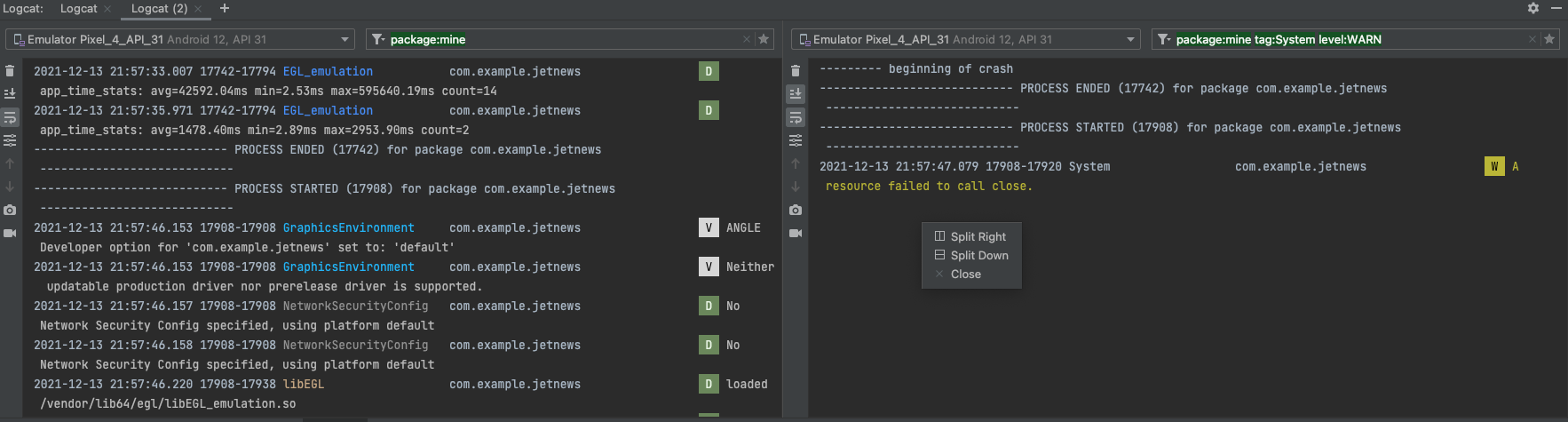 Cómo crear varias ventanas de Logcat mediante divisiones