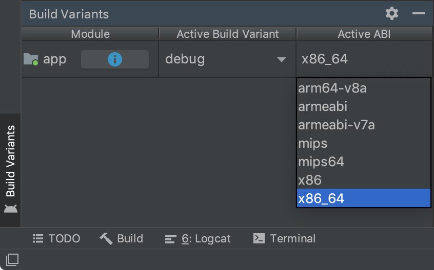Build Variants 面板按 ABI 显示单个变体选择。