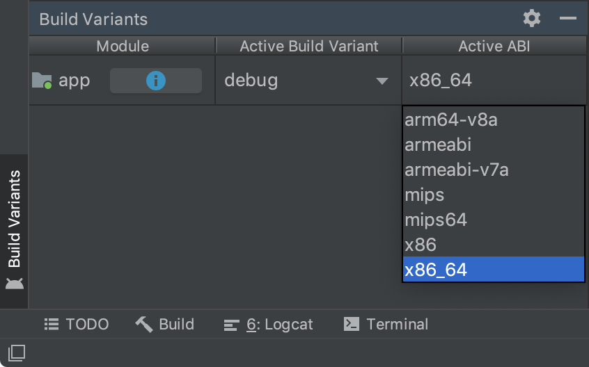 Panel Build Variants yang menampilkan pemilihan varian tunggal oleh ABI.