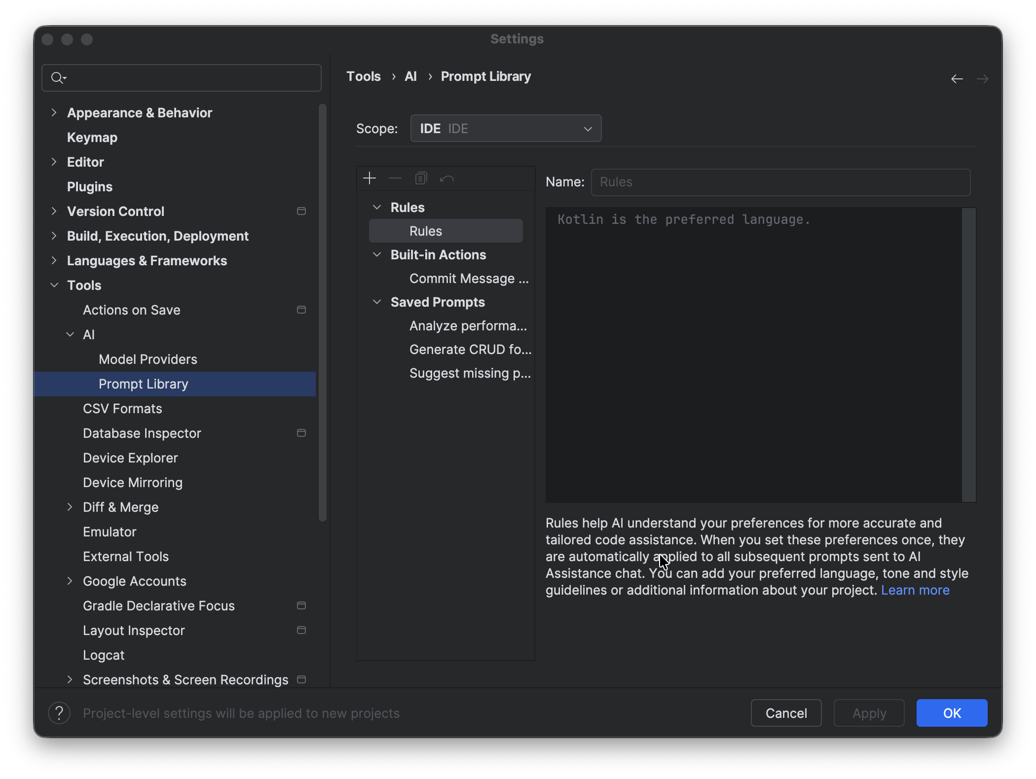 Диалоговое окно настроек Android Studio, отображающее редактор правил в разделе Gemini > Библиотека подсказок.