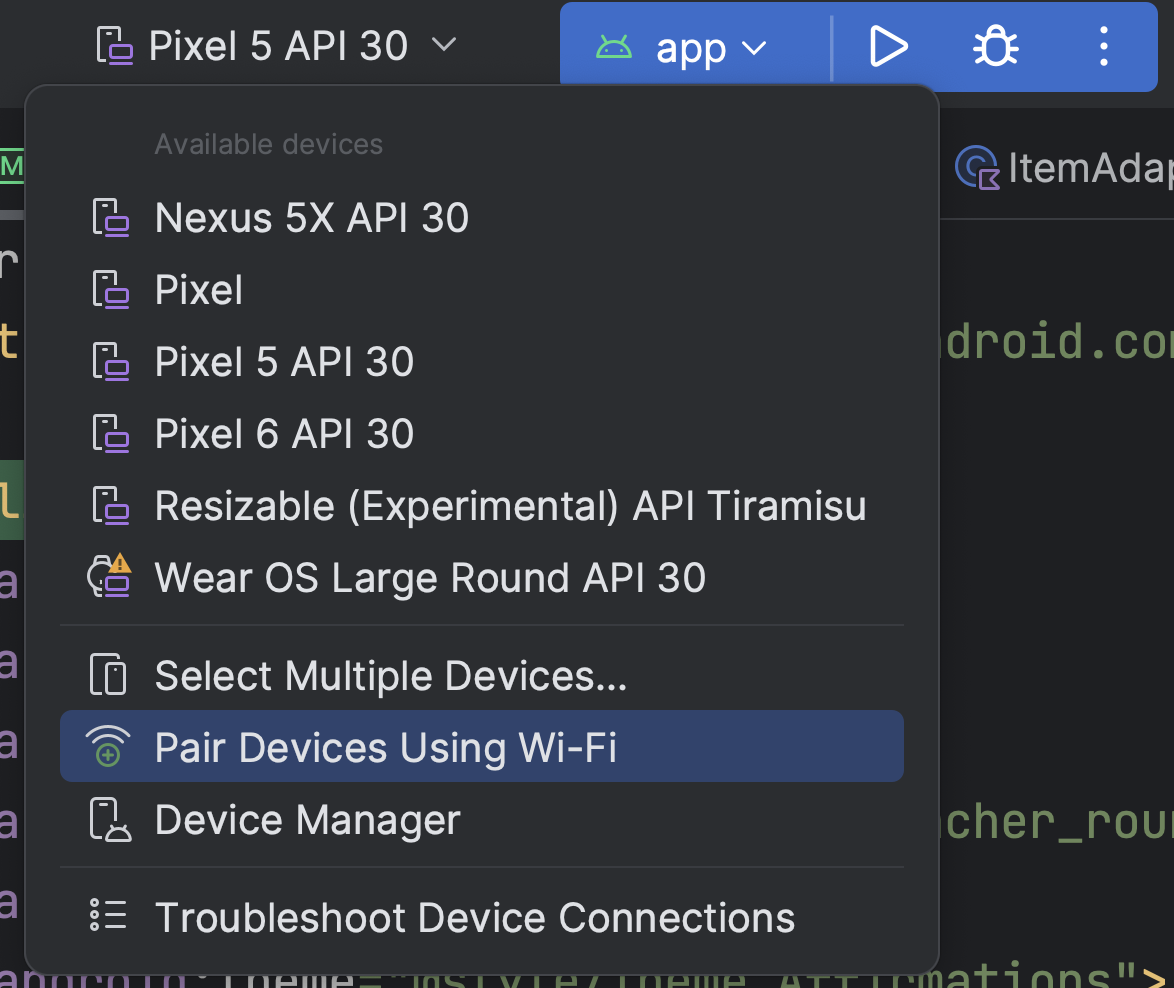 Menu déroulant des configurations d&#39;exécution