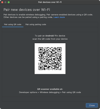 Pair devices over Wi-Fi 팝업 창의 스크린샷