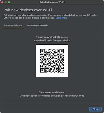 Capture d'écran de la fenêtre pop-up "Pair devices over Wi-Fi" (Associer des appareils via le Wi-Fi)
