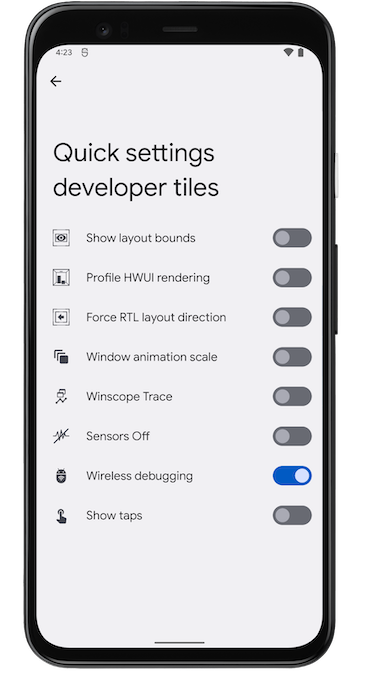 Captura de pantalla de azulejos de Configuración rápida para desarrolladores desde un teléfono de Google Pixel.