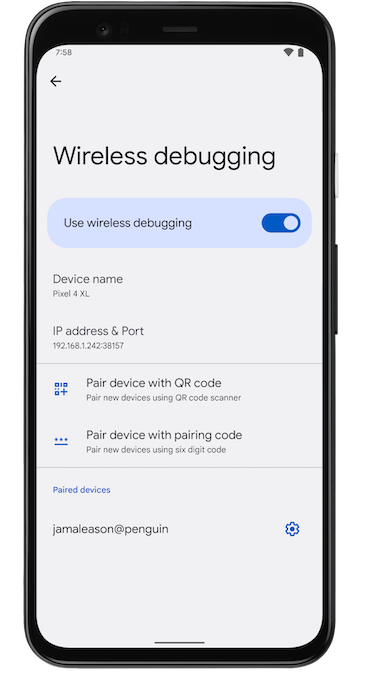 Screenshot eines Pixel Smartphones, auf dem die Einstellung „Wireless Debugging Systems“ zu sehen ist