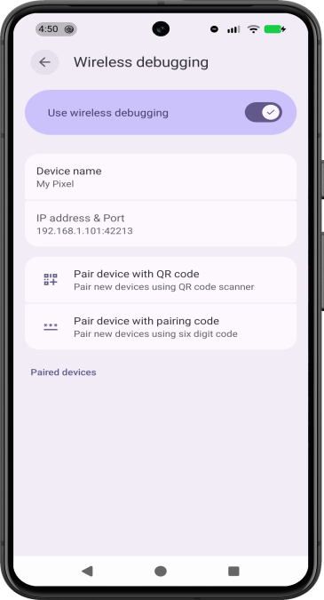 pixel phone showing the Wireless debugging systems setting.