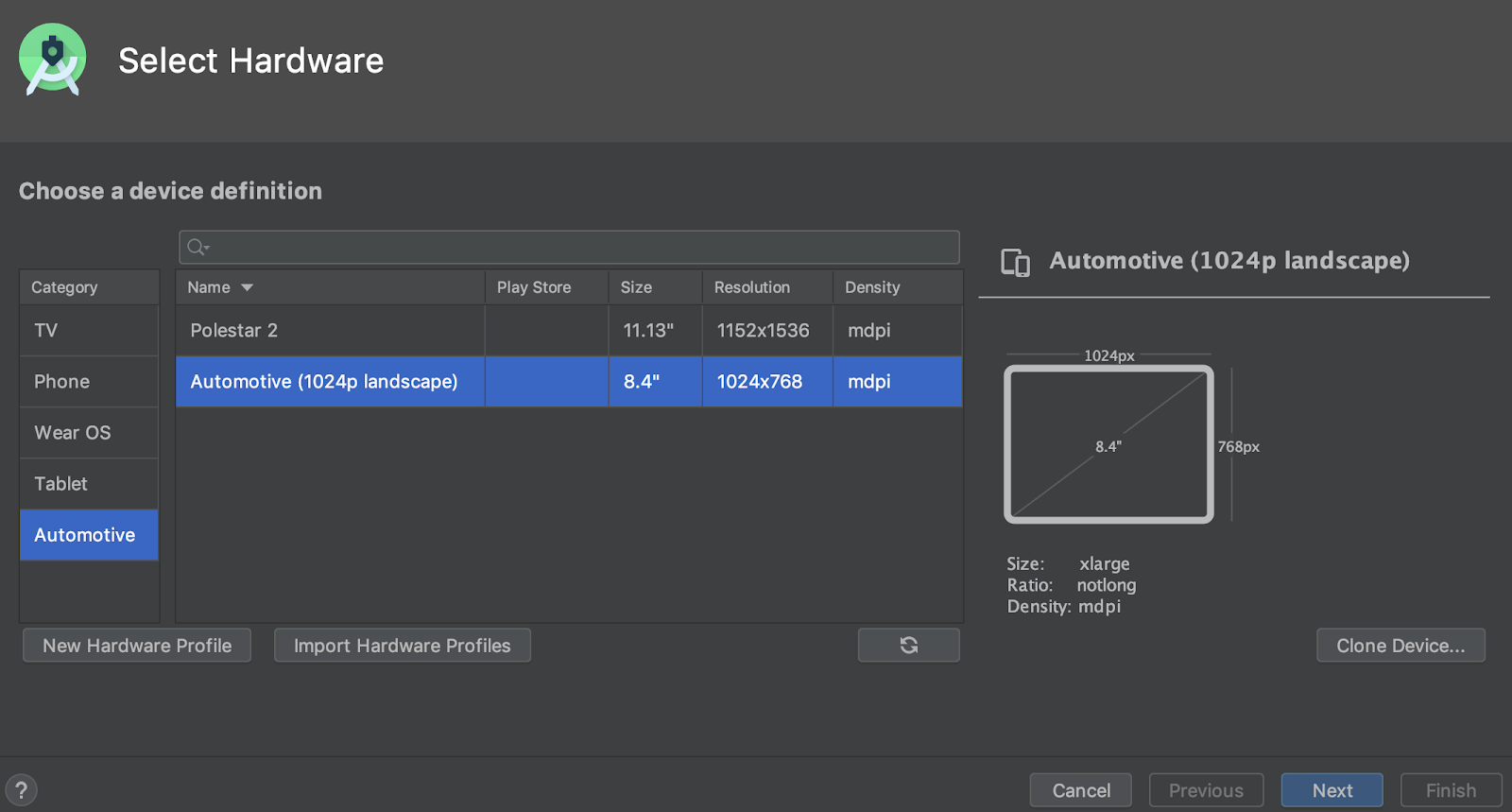 Seleccionar un dispositivo virtual de Android Automotive.