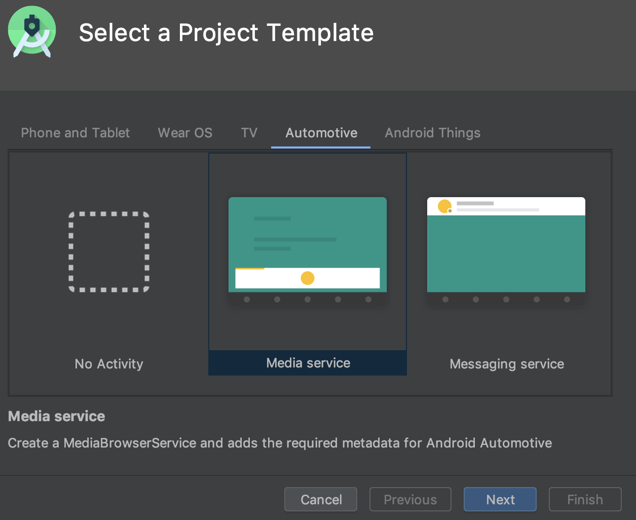 Sélection d&#39;un modèle de projet Android Automotive.