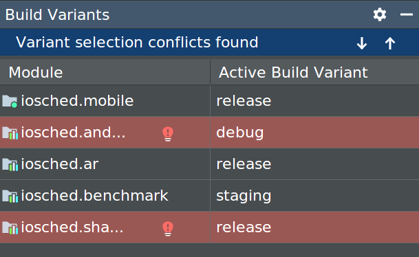 Fenêtre "Build Variants" (Variantes de compilation) affichant les erreurs de conflit de variantes