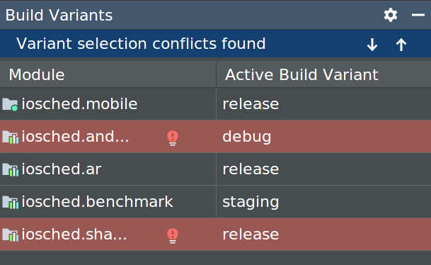 Janela &quot;Build Variant&quot; com erros de conflito de variante