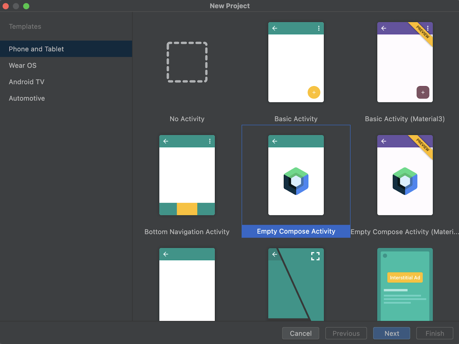 Selezione del modello in Android Studio