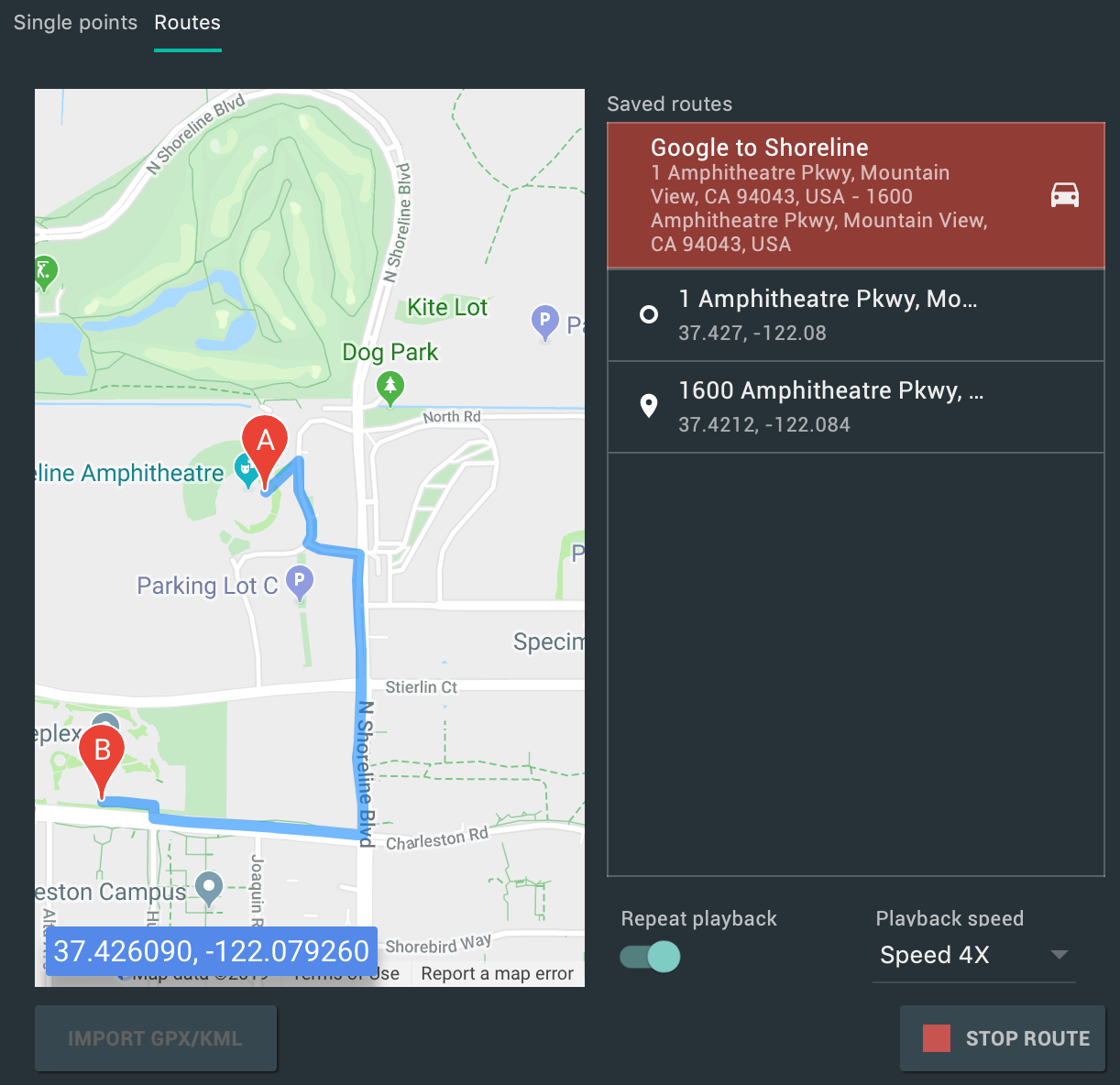 Scheda Route in Emulator Extended Controls.