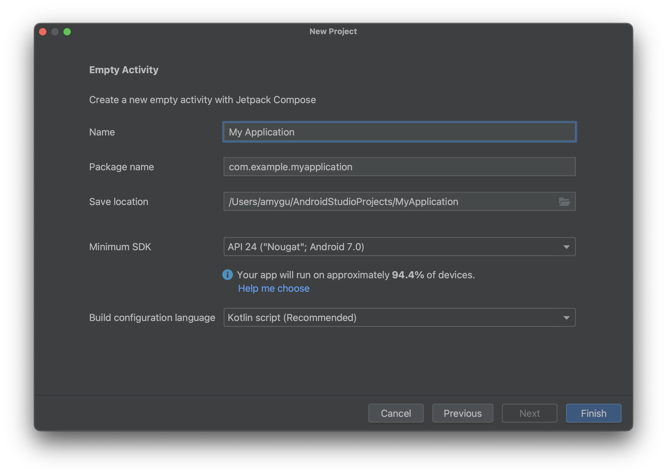 Ejemplo de la configuración del proyecto del paso 4 que se ingresa en Android Studio