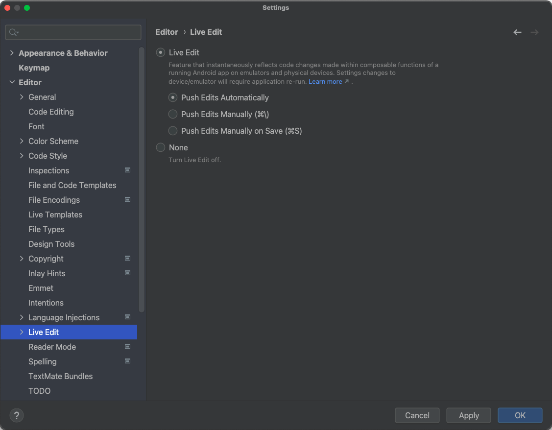 Android Studio 設定中的「Live Edit」核取方塊使用者介面