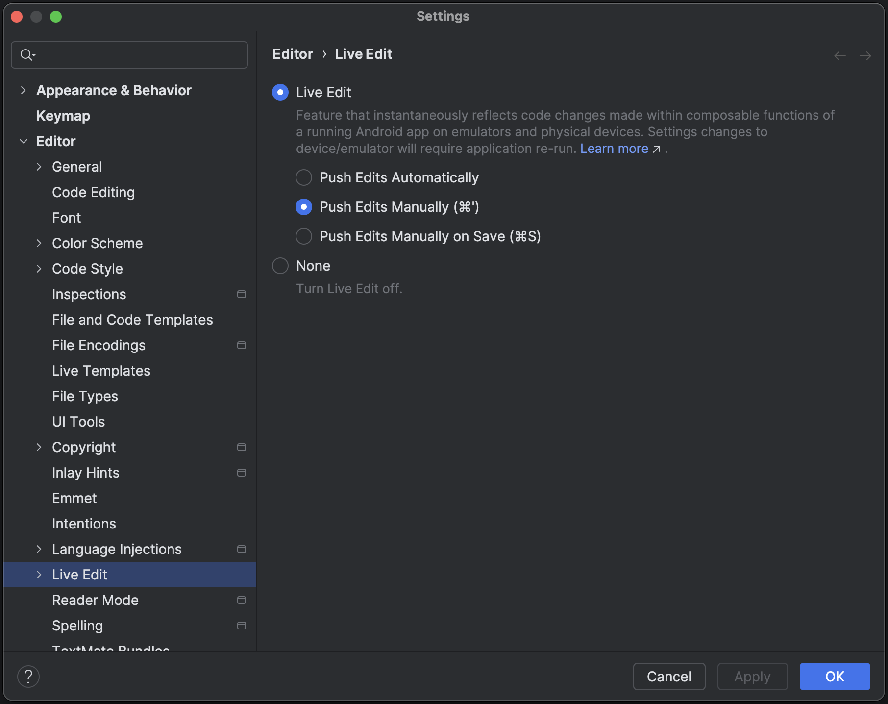 UI kotak centang Edit Live di setelan Android Studio