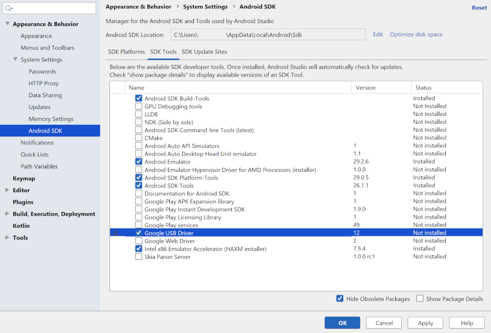 নির্বাচিত Google USB ড্রাইভার সহ SDK ম্যানেজার৷