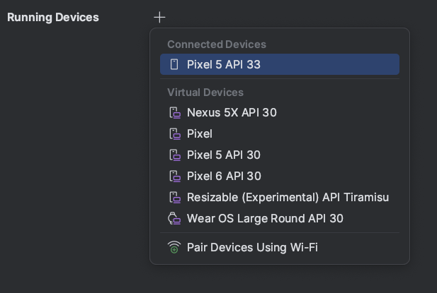 Menu drop-down perangkat dari Running Devices