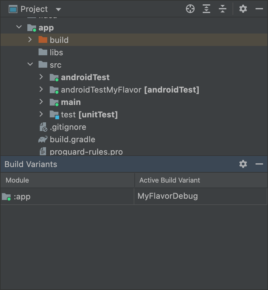 MyFlavor-Variante ausgewählt und der Ordner „androidTestMyFlavor“ ist in der Projektansicht aktiv