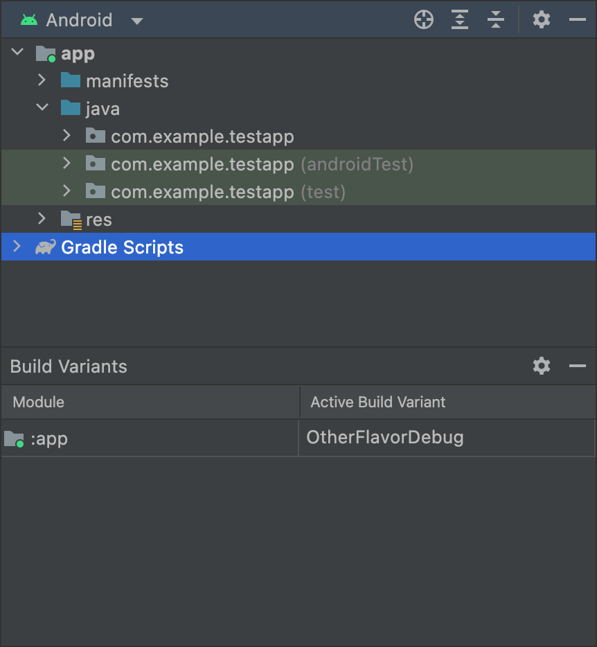 Die „OtherFlavor“-Variante ist ausgewählt und der Ordner „androidTestMyFlavor“ wird in der Android-Ansicht nicht angezeigt