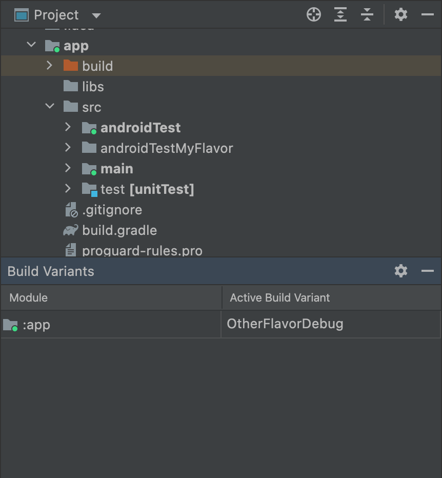 OtherFlavor variant selected and androidTestMyFlavor folder is not
            active in Project view