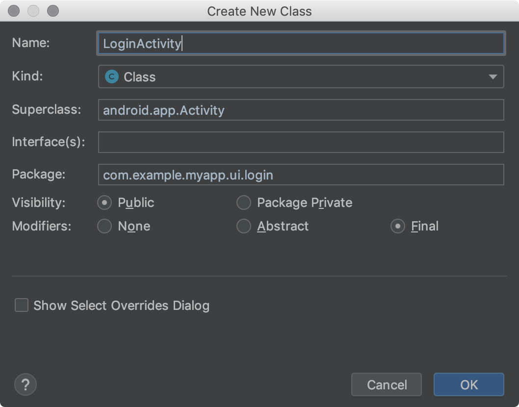 Dialog Create New Class.