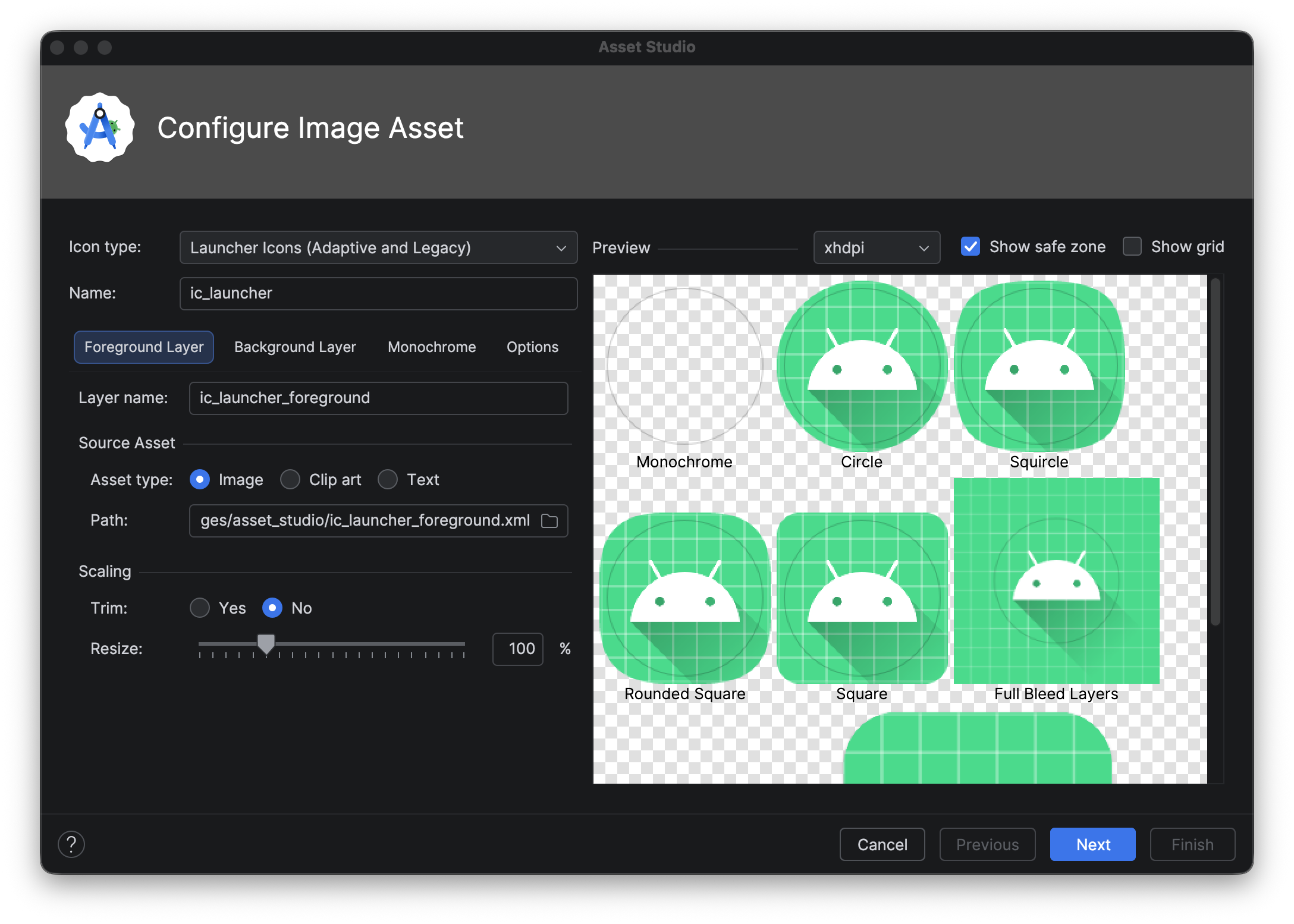 Image Asset Studio 中的自适应和旧版图标向导。
