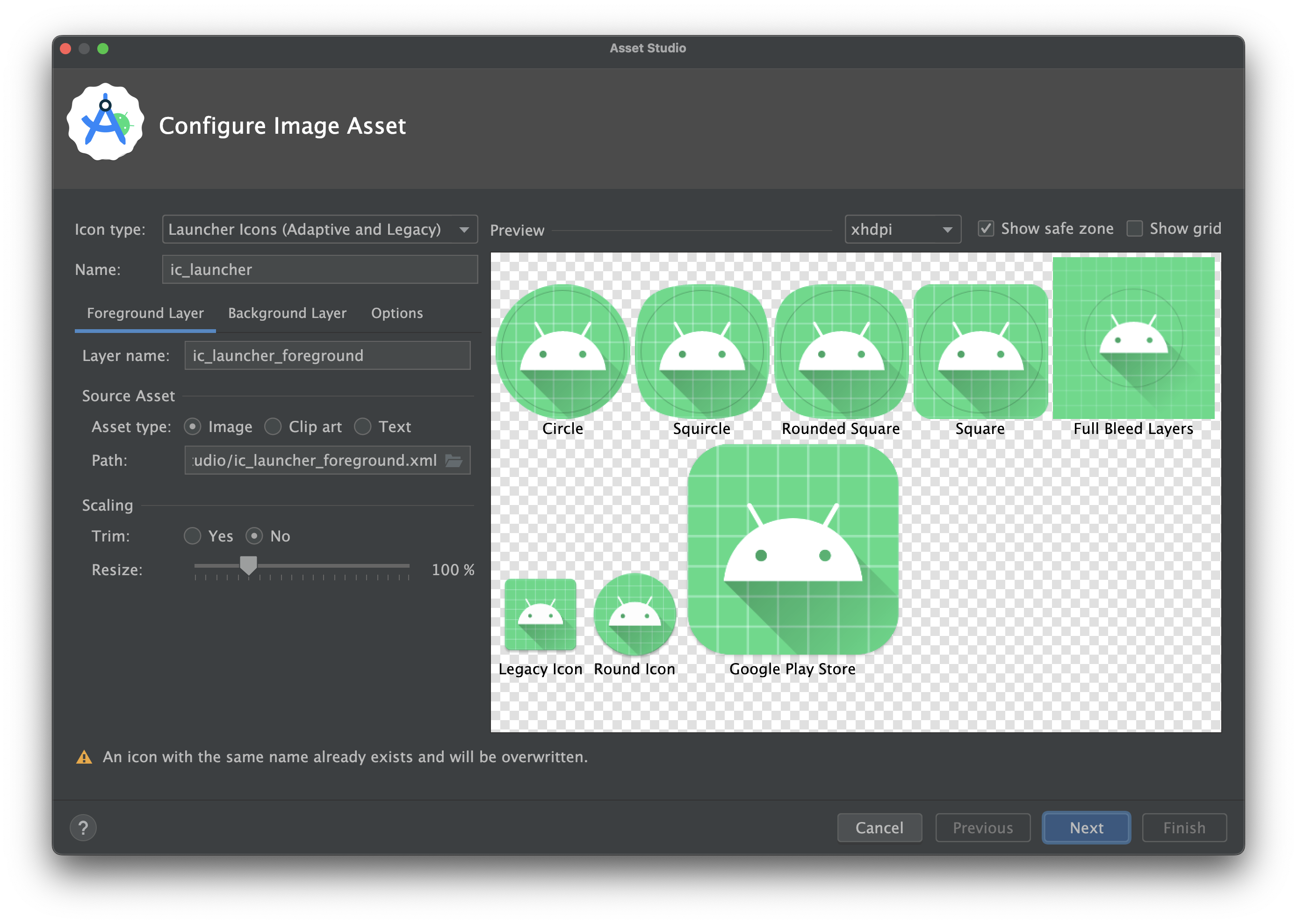 Asistente de íconos adaptables y heredados en Image Asset Studio.