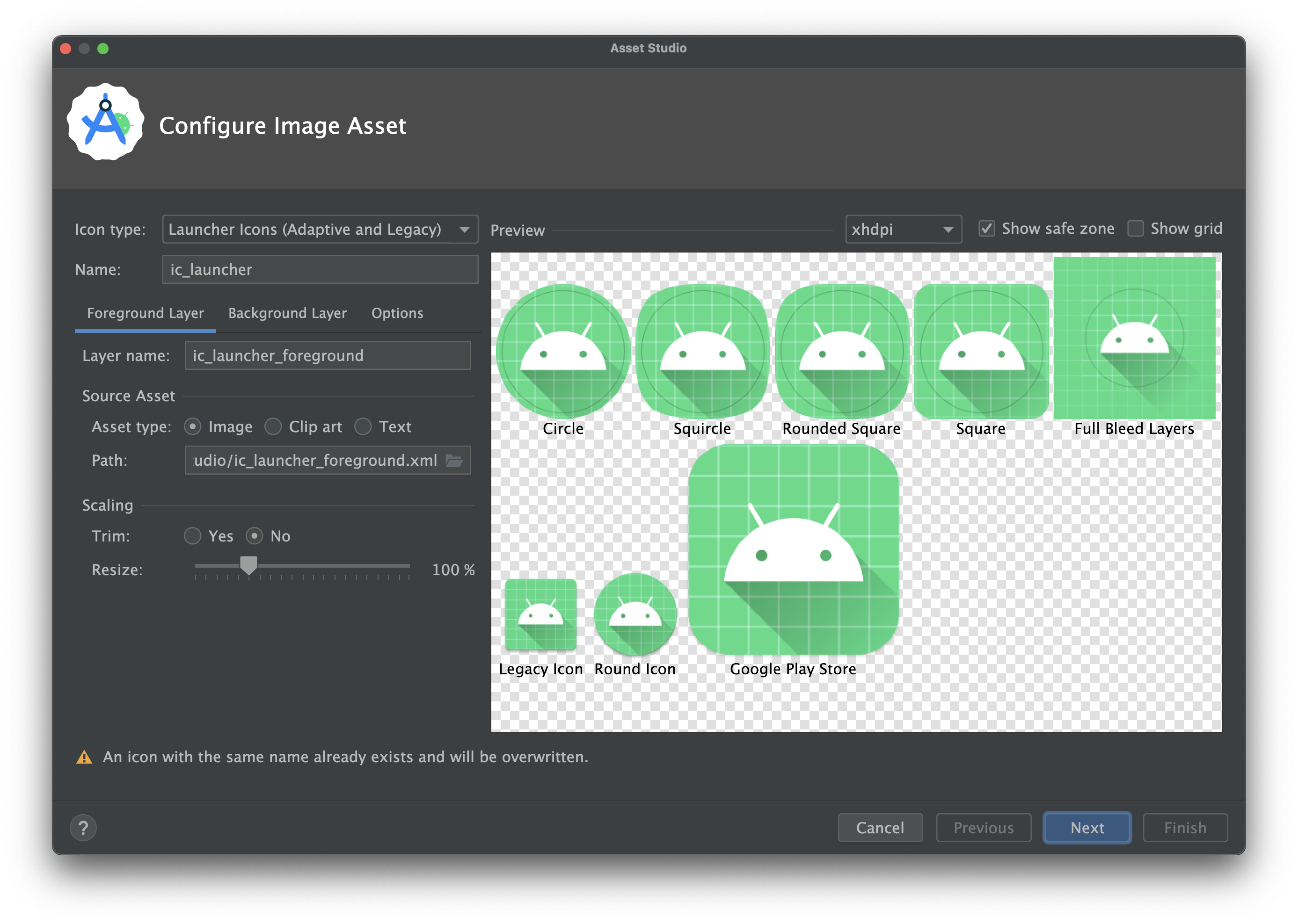 La procedura guidata per le icone adattive e precedenti in Image Asset Studio.
