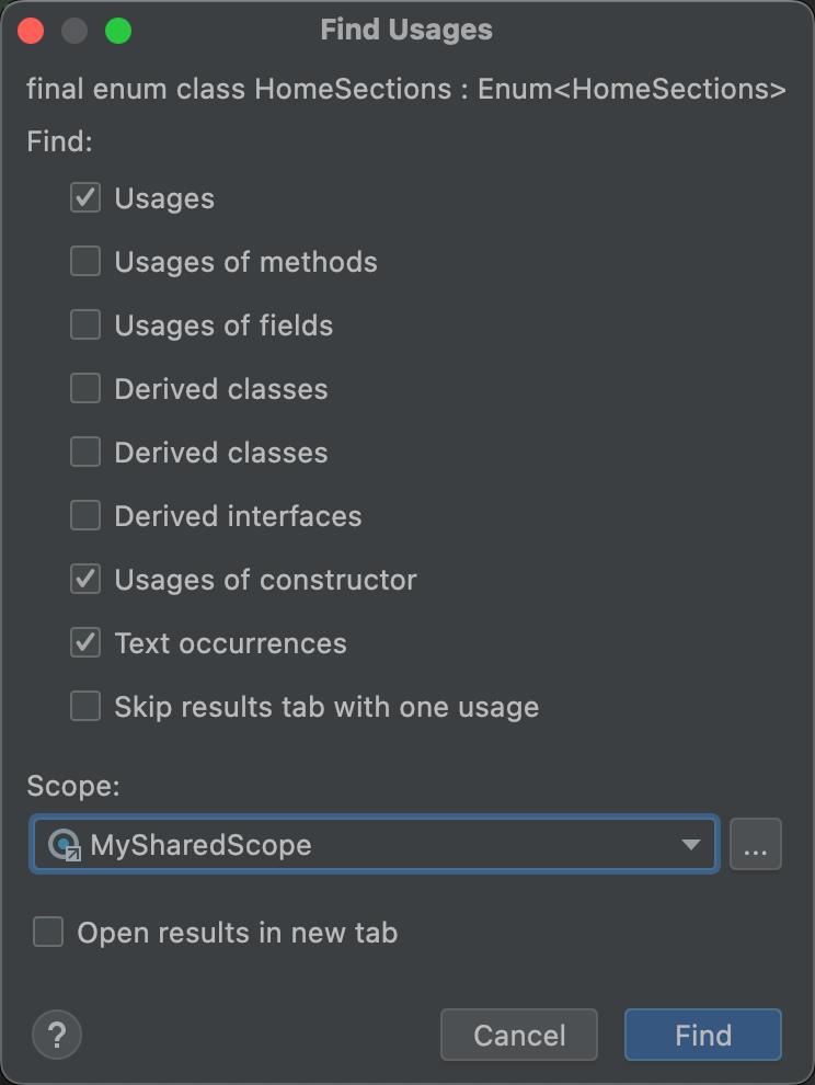 Selecione um escopo compartilhado na caixa de diálogo &quot;Find Usages&quot;