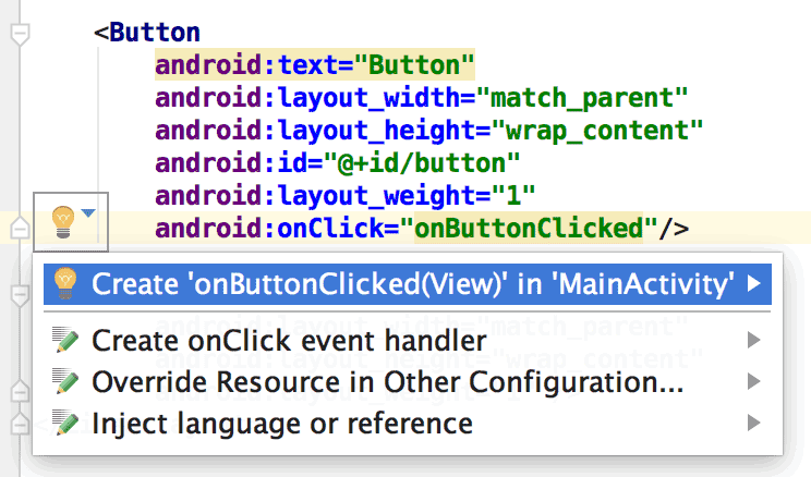 La corrección rápida del atributo onClick solo funciona si se estableció tools:context