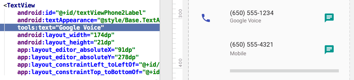 tools:text 屬性將 Google Voice 設為版面配置預覽畫面顯示的值