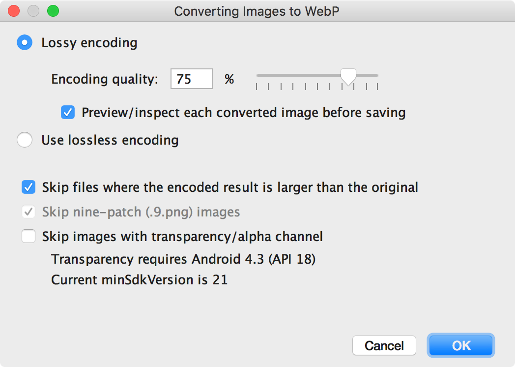 Boîte de dialogue &quot;Converting Images to WebP&quot; (Convertir des images au format WebP)