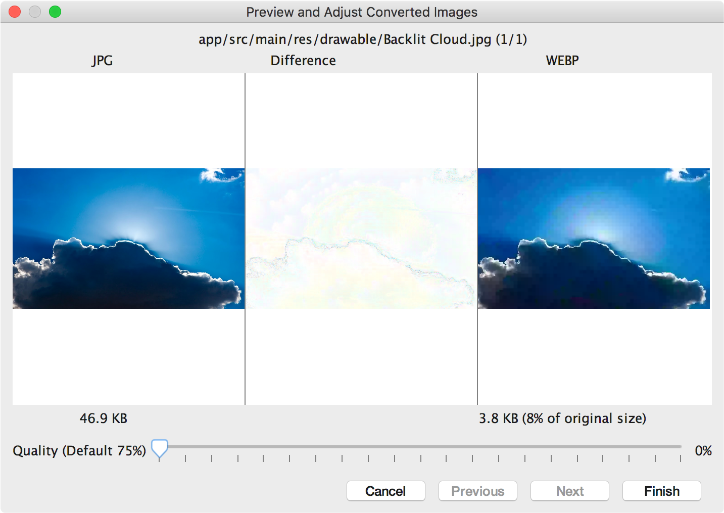 Conversione di un formato JPG in formato WebP con qualità dello 0%