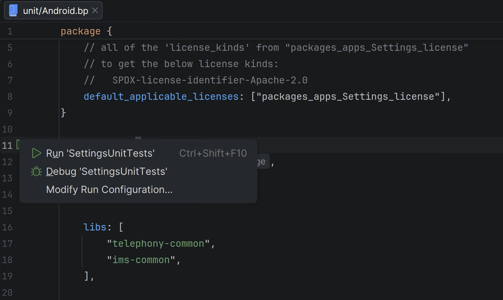 Building, running, and debugging modules from Android.bp gutter icons