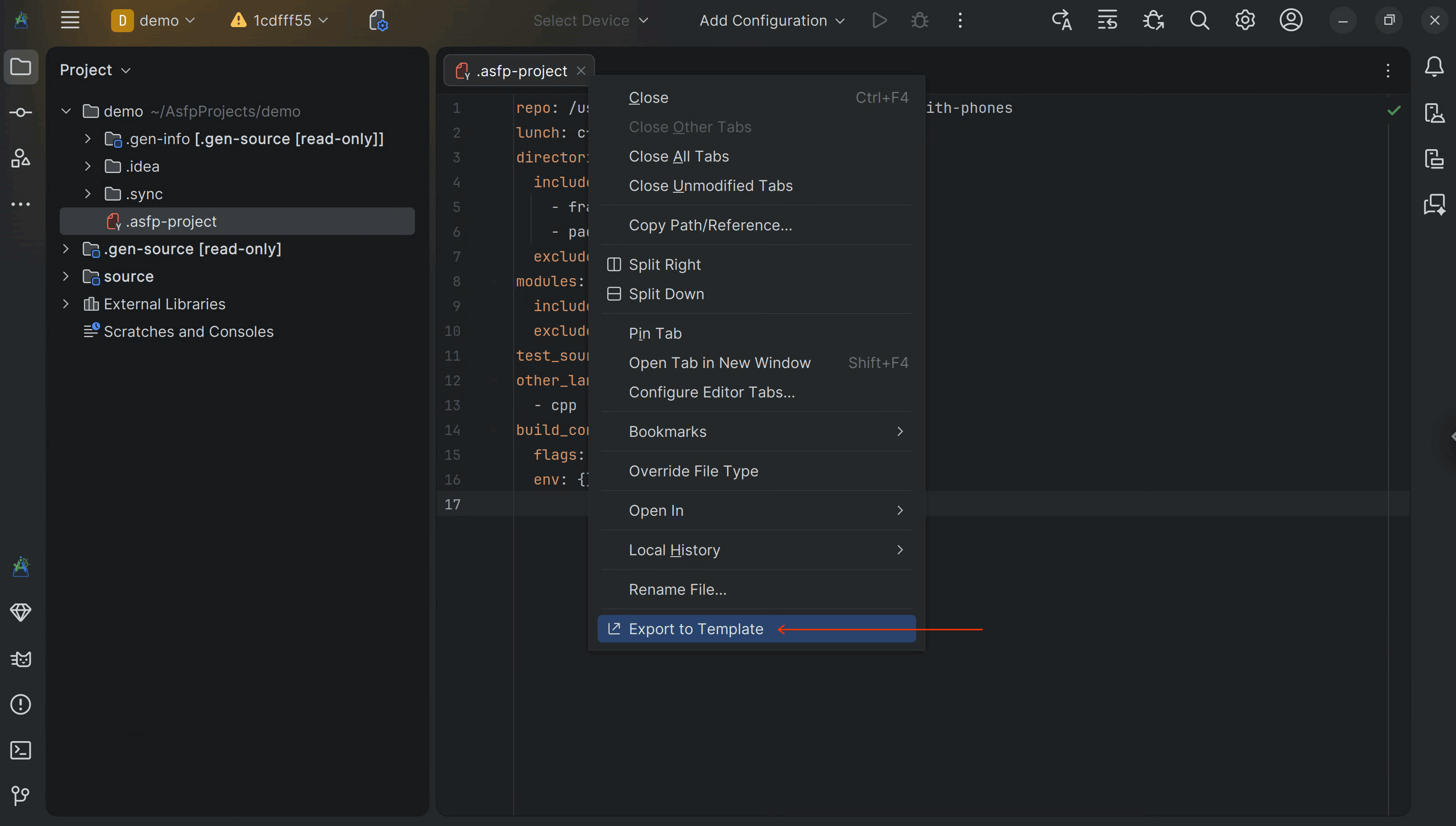 Exporting an ASfP project configuration to a shareable template