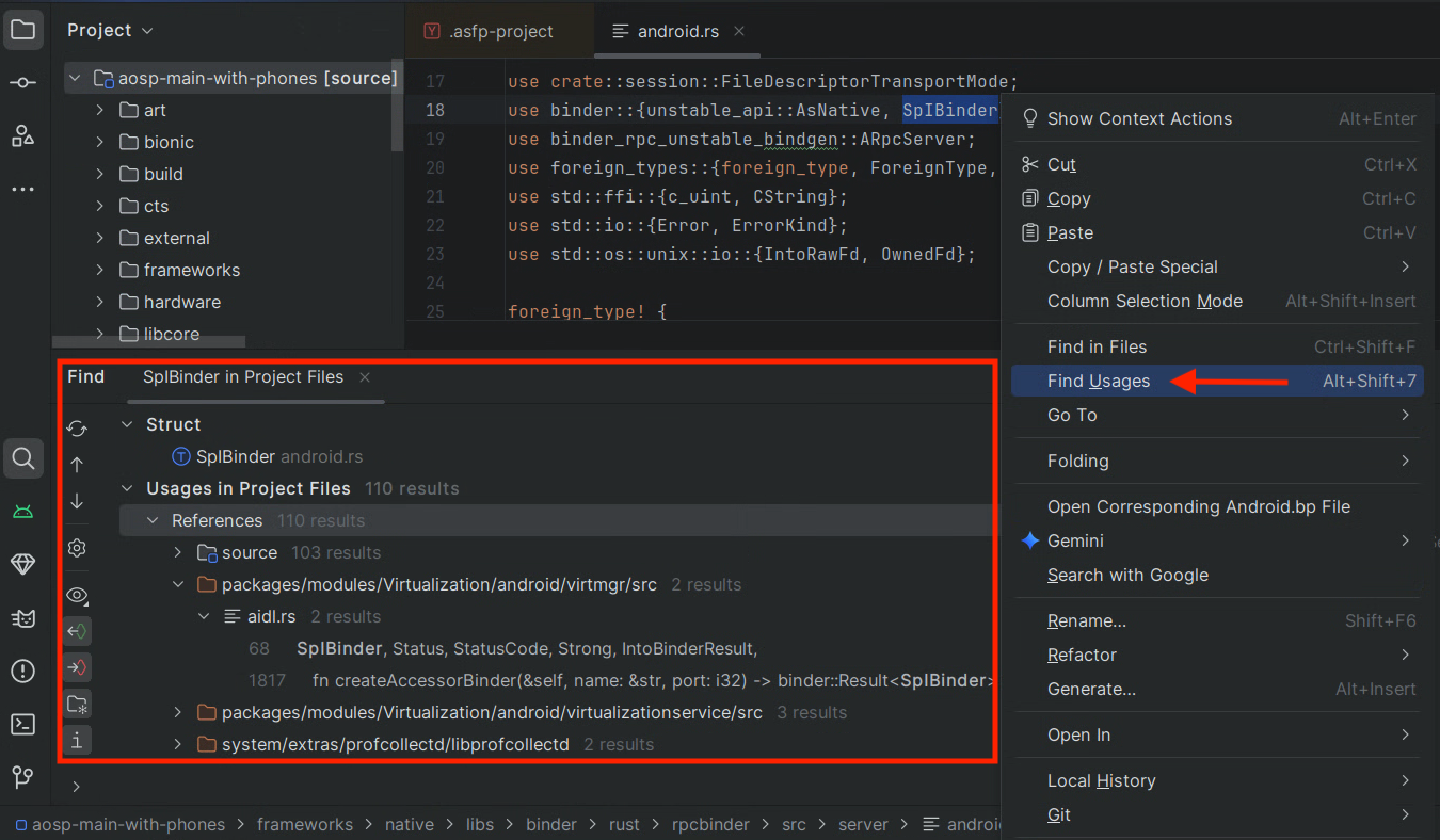 Rust find usages example