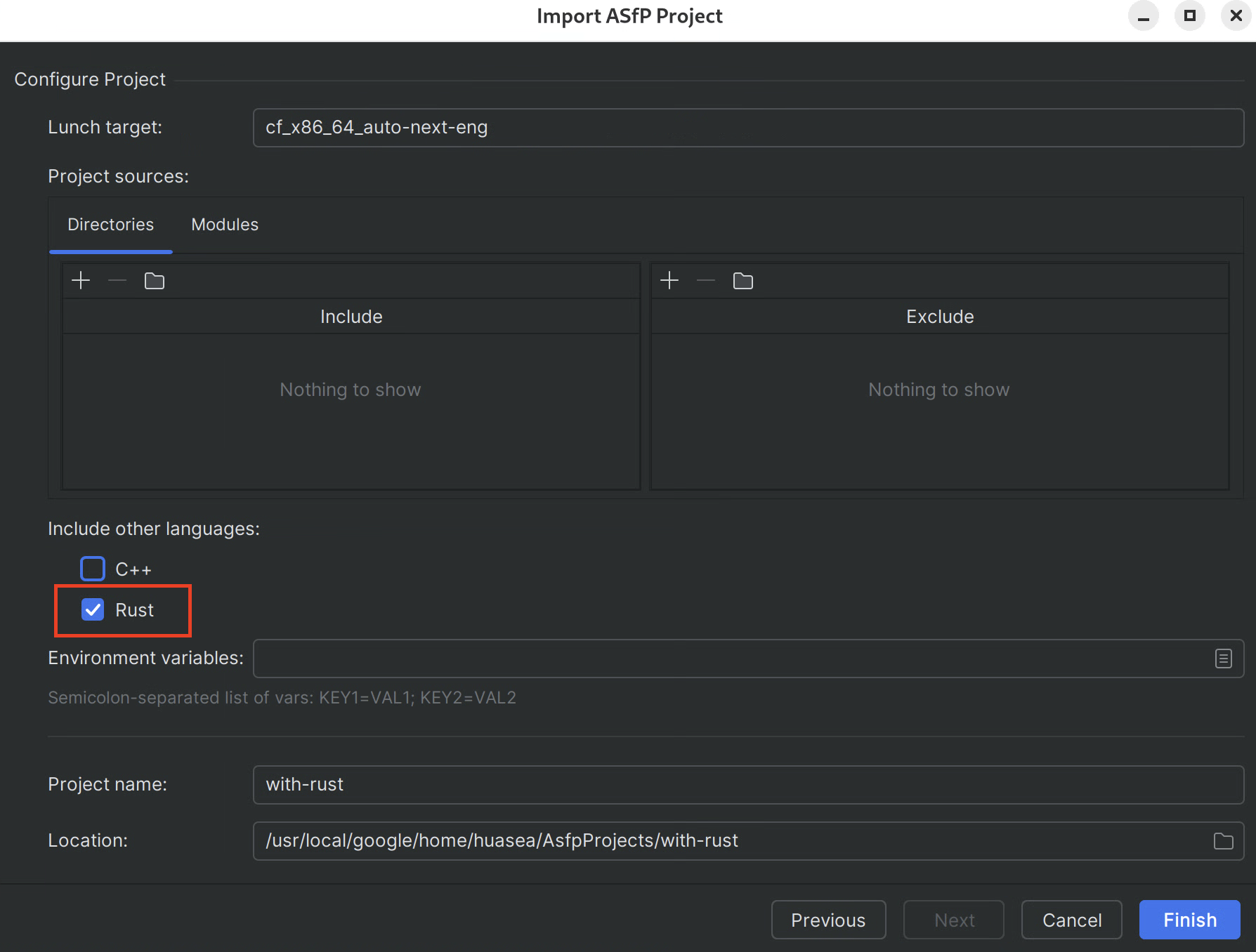 新项目设置向导中的 Rust 复选框。