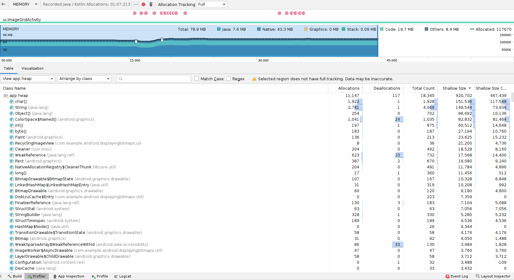 Allocazioni della memoria visualizzate nel Memory Profiler