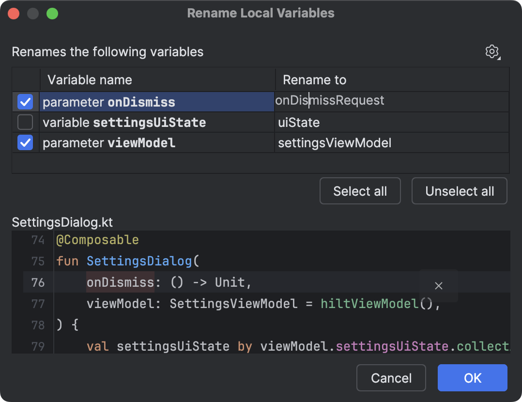 The Code Editor's Rename Local Variables dialog with name
          suggestions.