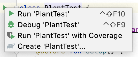 Kontextmenü zum Ausführen von Tests