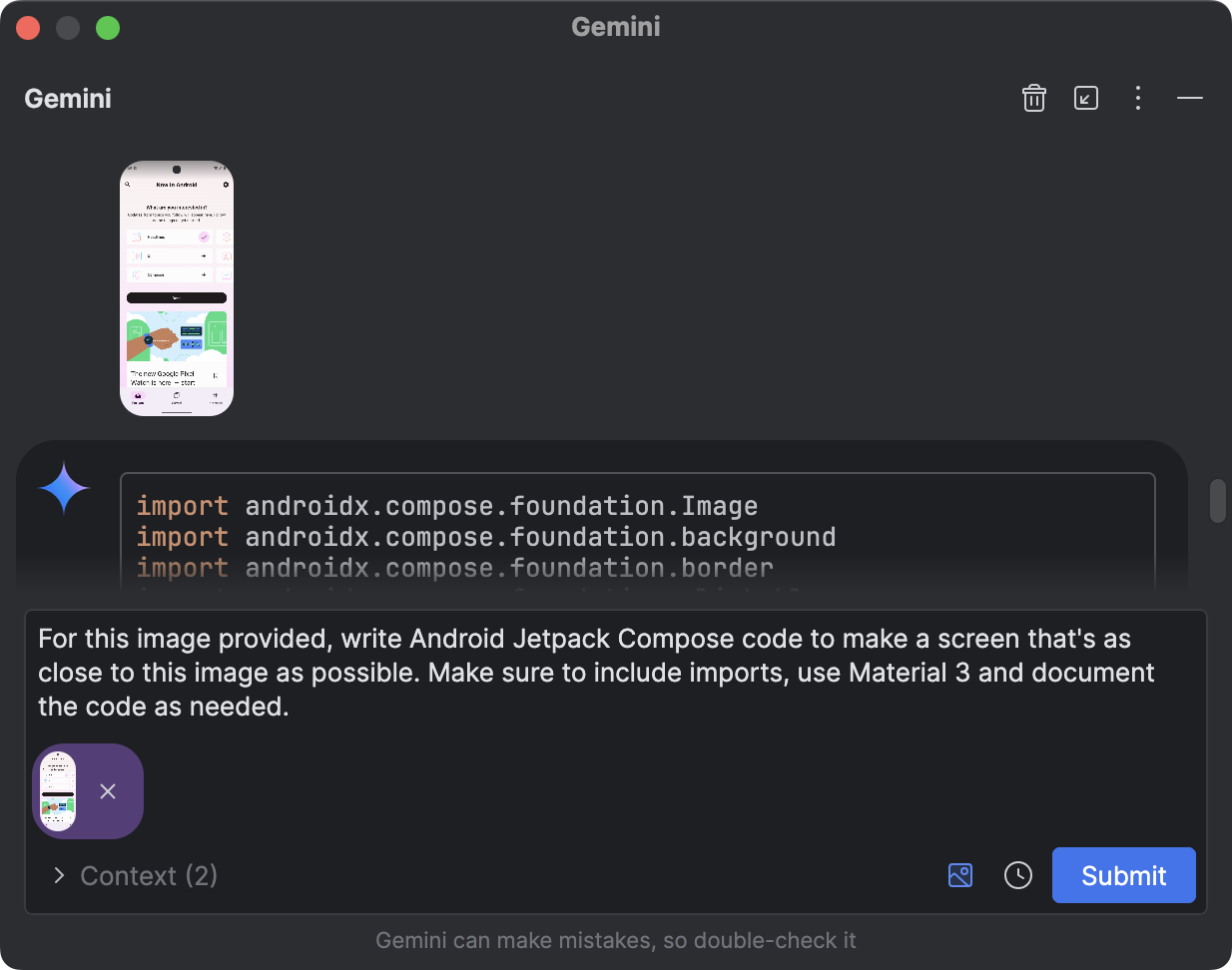 Caixa de diálogo do Gemini com anexos de imagem
