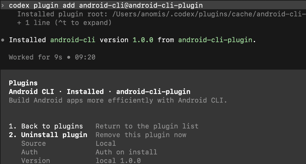 Plug-in CLI Android installé dans Codex.