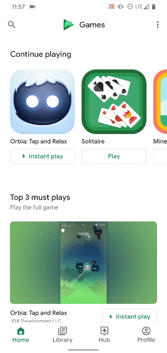 Google Play ゲームアプリに表示された Instant Play ゲーム