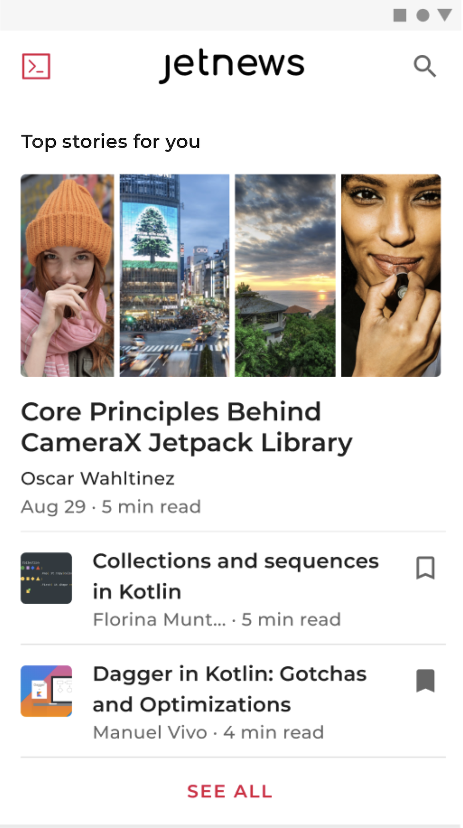 A sample news app showing article previews, one of which is bookmarked.