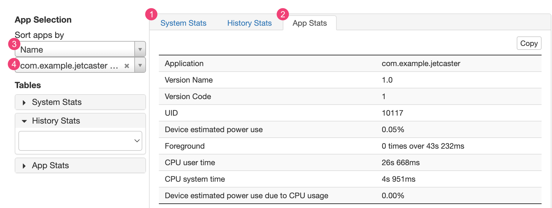 The stats section of Battery Historian