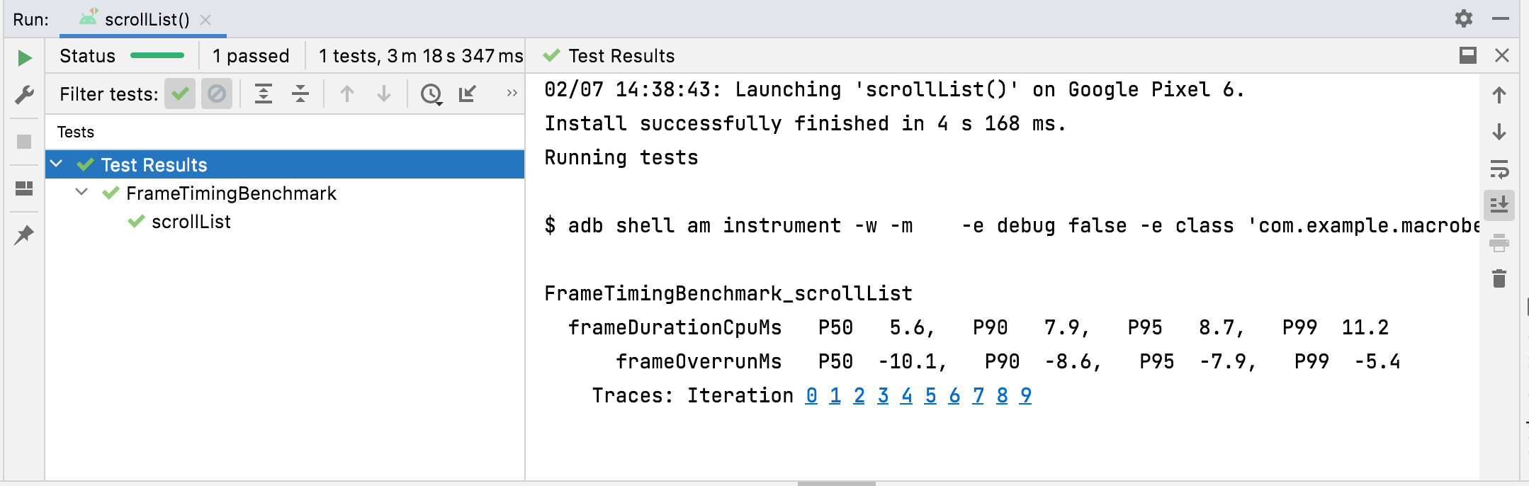 Resultados da FrameTimingMetric