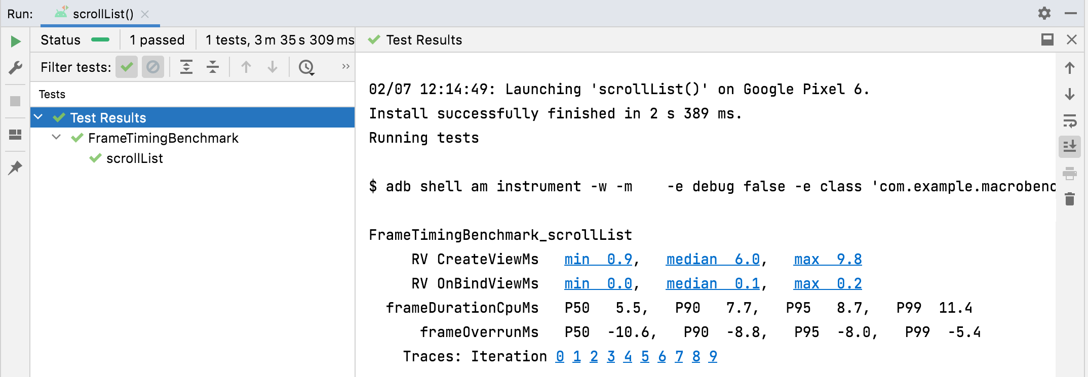 TraceSectionMetric 和 FrameTimingMetric 的結果。